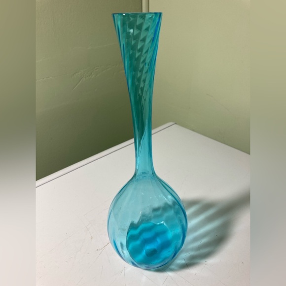Other - Vintage Swedish Art Glass Flower Bud Aqua Blue Bulb Glass Vase 10” Swirl